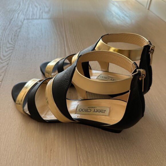 Jimmy Choo Diamond 65 Black & Gold Leather Strappy Sandals  Jimmy Choo Black and Gold Sandals